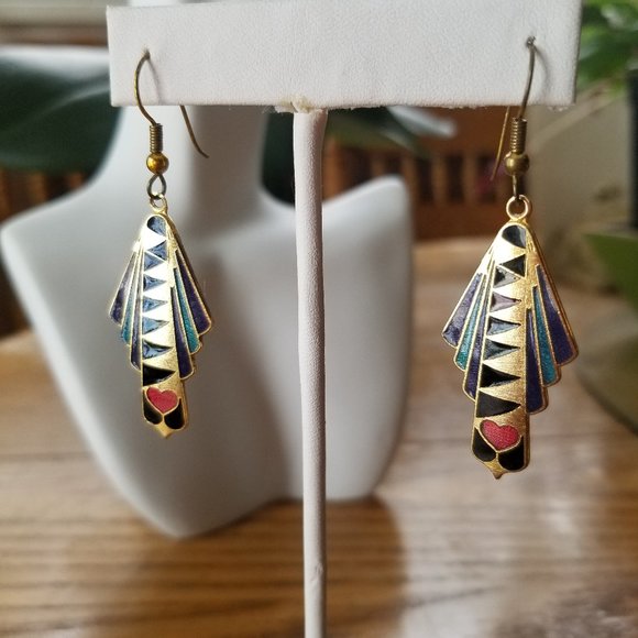 VINTAGE GOLDTONE MULTI COLORS RED HEART EARRINGS - Picture 3 of 4